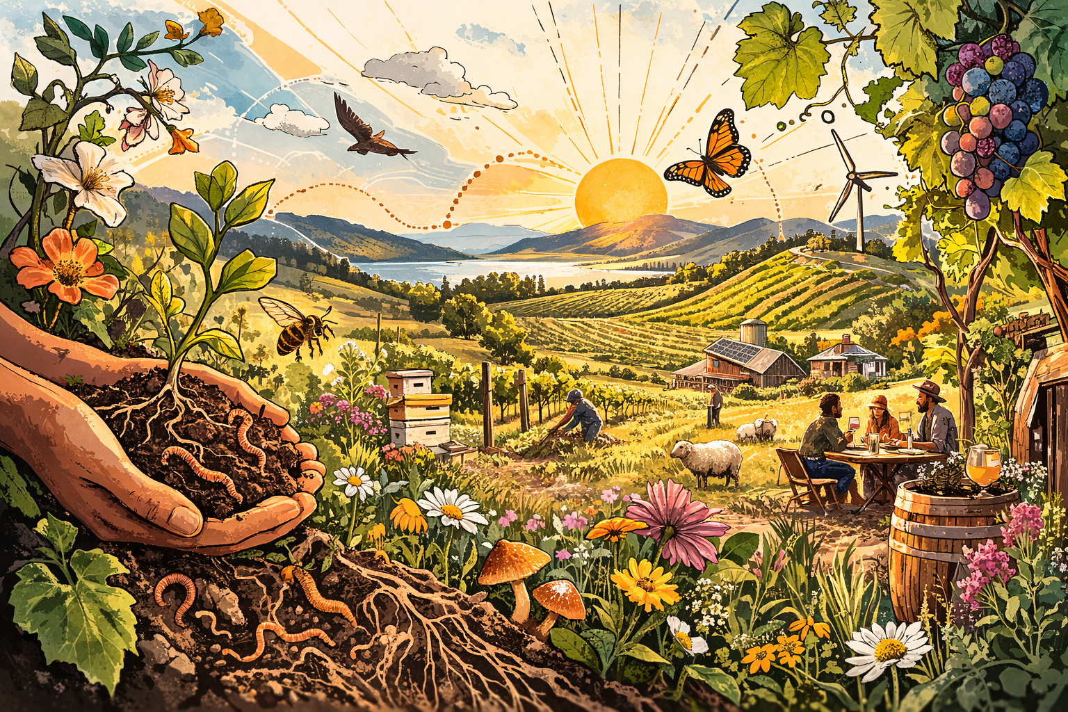 A vibrant vineyard scene with hands holding living soil, bees, wildflowers, sheep, and people sharing wine
